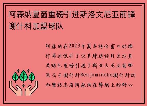 阿森纳夏窗重磅引进斯洛文尼亚前锋谢什科加盟球队